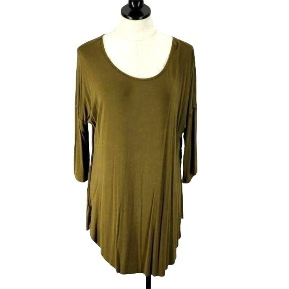POL Olive Green Oversized Tunic Top Scoop Neck 3/4 Sleeve‎ High Low Hem Small